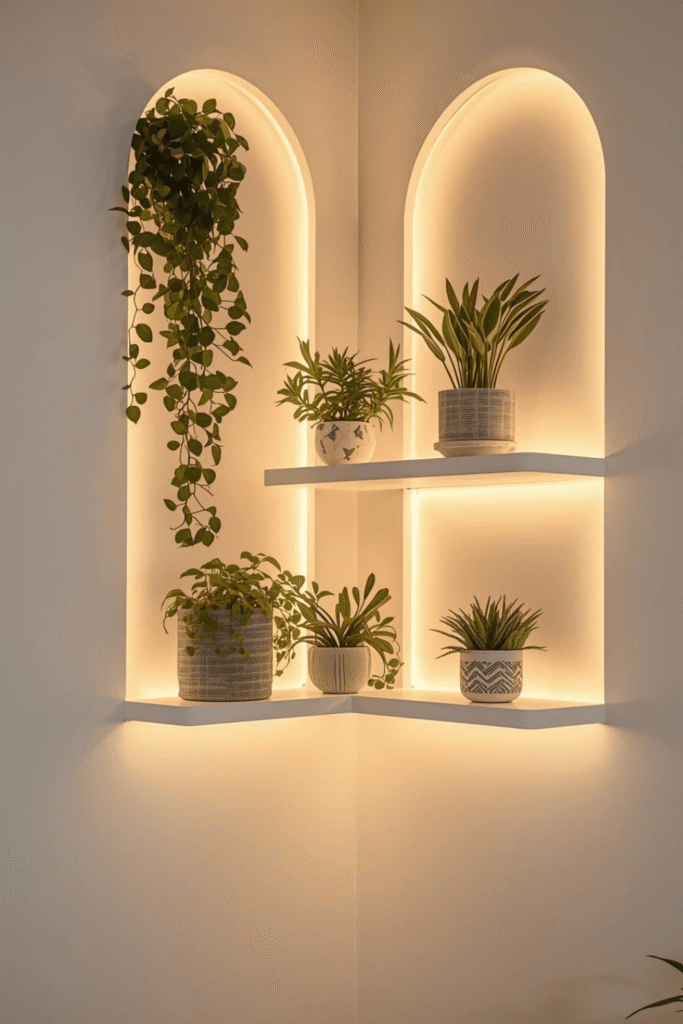 Modern Corner Shelf Decor Ideas with Indoor Plants