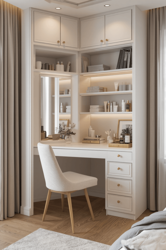 Modern Corner Vanity Desk With LED Mirror And Built In Storage Shelves