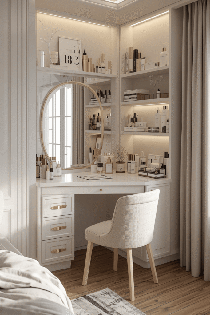 Modern Corner Vanity Table With LED Mirror And Built In Makeup Storage Shelves