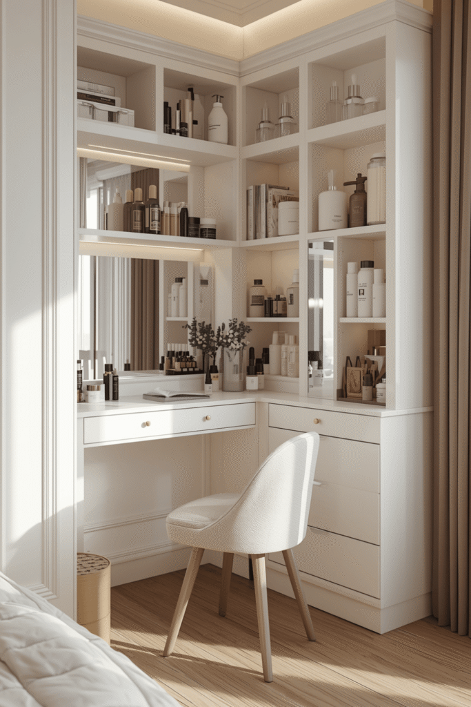 Modern Corner Vanity Table With Mirror And Built In Makeup Storage Shelves