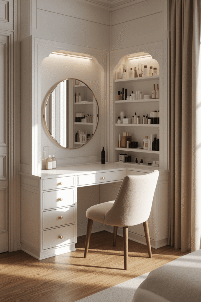 Modern Corner Vanity Table With Round Mirror And Built In Makeup Storage Shelves