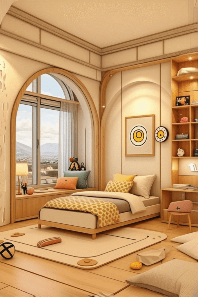 Modern Kids Bedroom Design With Arch Window And Built In Shelves Ideas