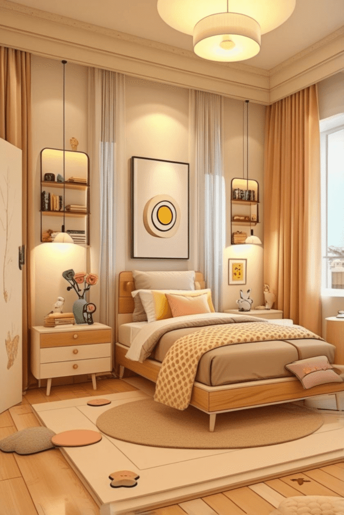 Modern Kids Bedroom Design With Warm Lighting And Cozy Decor Ideas