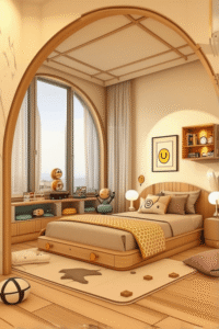 Modern Kids Bedroom Design With Wooden Arch And Built In Storage Ideas