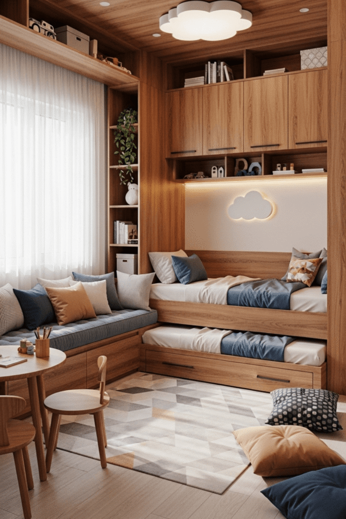 Modern Kids Bedroom With Bunk Bed And Built In Storage Design Ideas