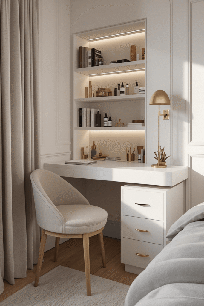 Modern Minimalist Bedroom Vanity Desk With Built-In Shelves And Warm LED Lighting