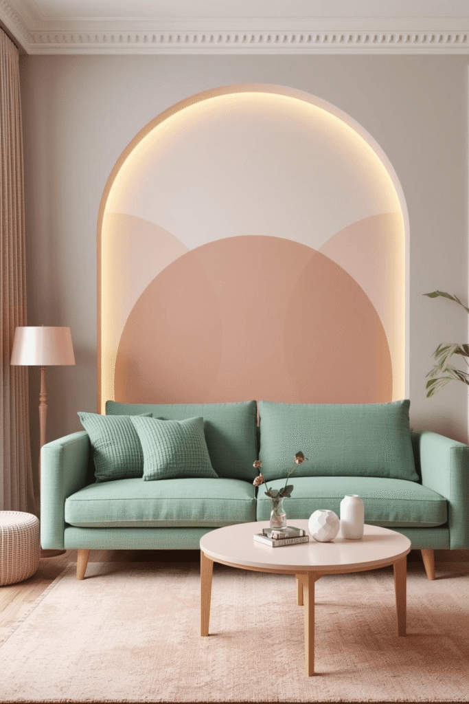 Modern Pastel Living Room Design with Arch Wall Decor