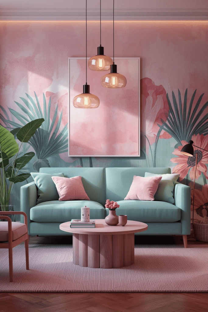 Modern Pastel Living Room with Decorative Lighting