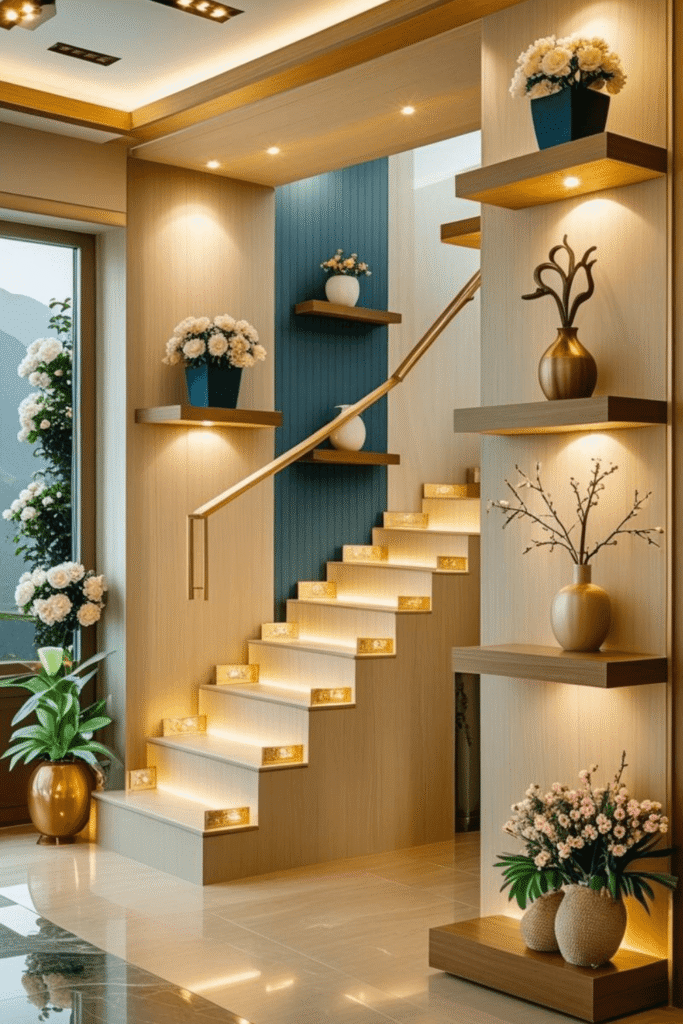 Modern Staircase Accent Wall Ideas with Warm LED Lighting