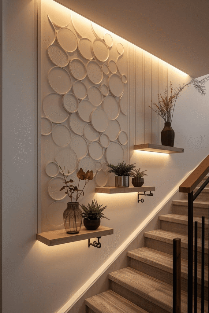 Modern Staircase Wall Decor Ideas with LED Accent Lighting