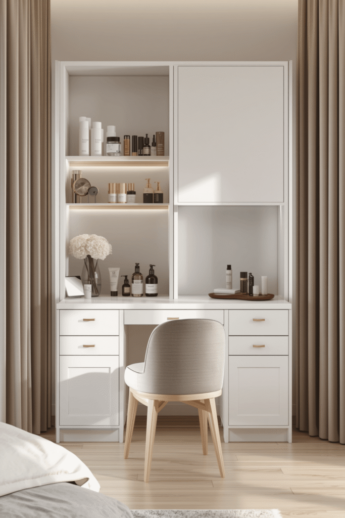 Modern Vanity Table Design With Built In Storage And Minimalist Makeup Setup Ideas