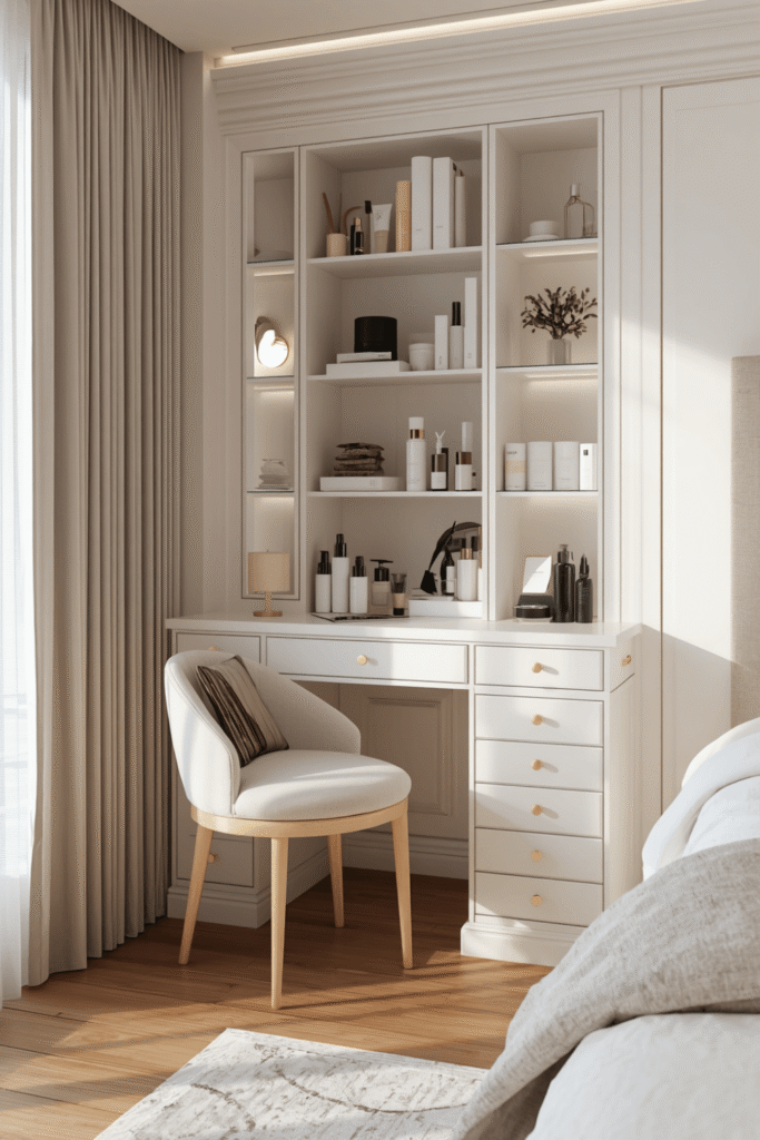 Modern White Makeup Vanity Desk With Storage Drawers And Built-In Shelves
