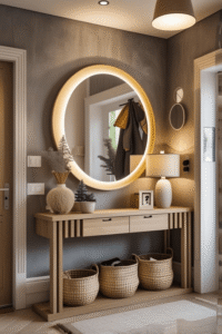 Stylish Entryway Console Table Decor Ideas with Round Mirror and Warm Neutral Styling