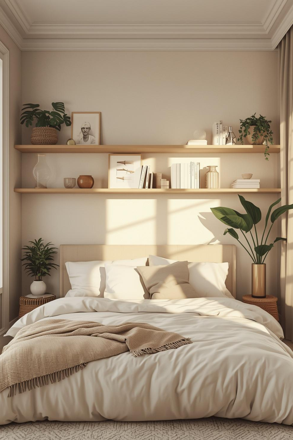 Organized Shelving Ideas for a Clean Cream Bedroom Look