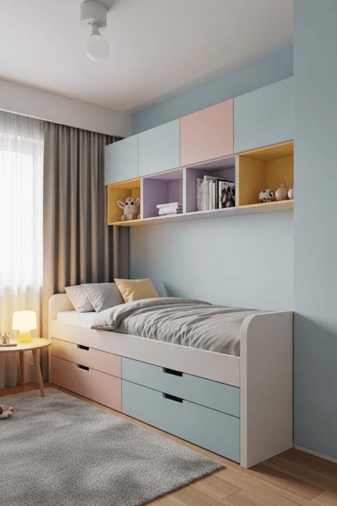 Pastel Kids Bedroom Design With Storage Bed And Wall Shelves Ideas