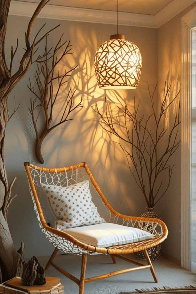 Rustic Nature Reading Nook Ideas with Warm Lighting