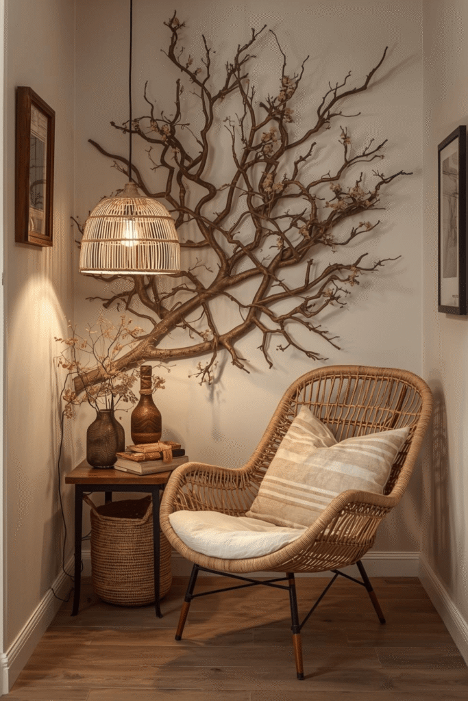 Rustic Reading Nook Decor with Natural Branch Wall Design