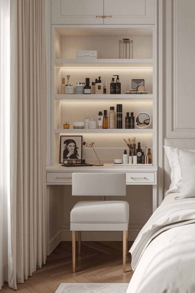 Small Bedroom Vanity Table Design With Built In Shelves And Makeup Storage Ideas