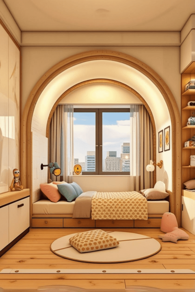 Small Kids Bedroom Design With Arch Niche Bed And Built In Storage Ideas
