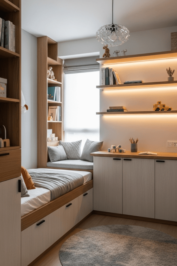Small Kids Bedroom Design With Built In Storage And Study Area Ideas