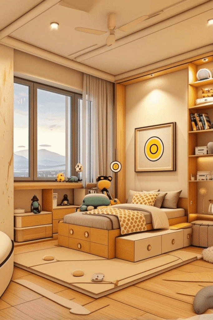 Small Kids Bedroom Design With Storage Bed And Built In Shelves Ideas