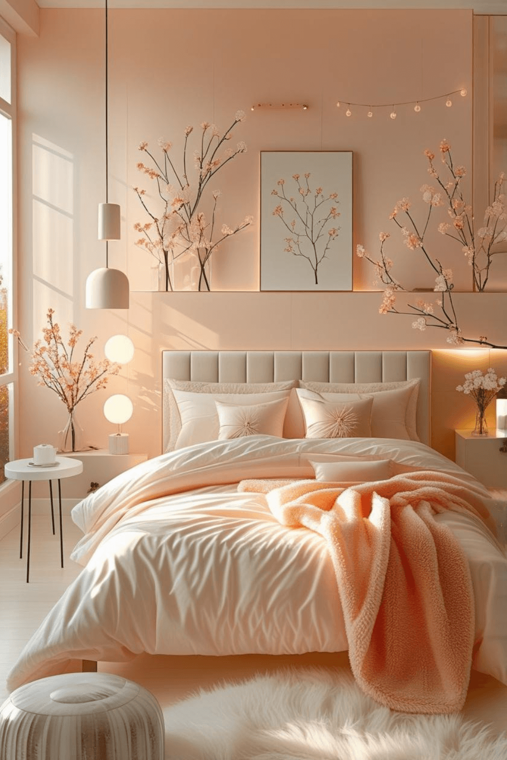 Soft Peach Aesthetic Bedroom Ideas with Cozy Lighting Design