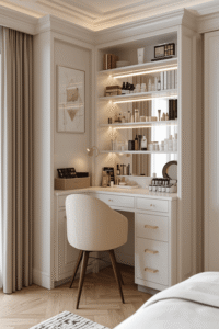 Space Saving Corner Makeup Vanity Desk With LED Shelves And Storage Drawers