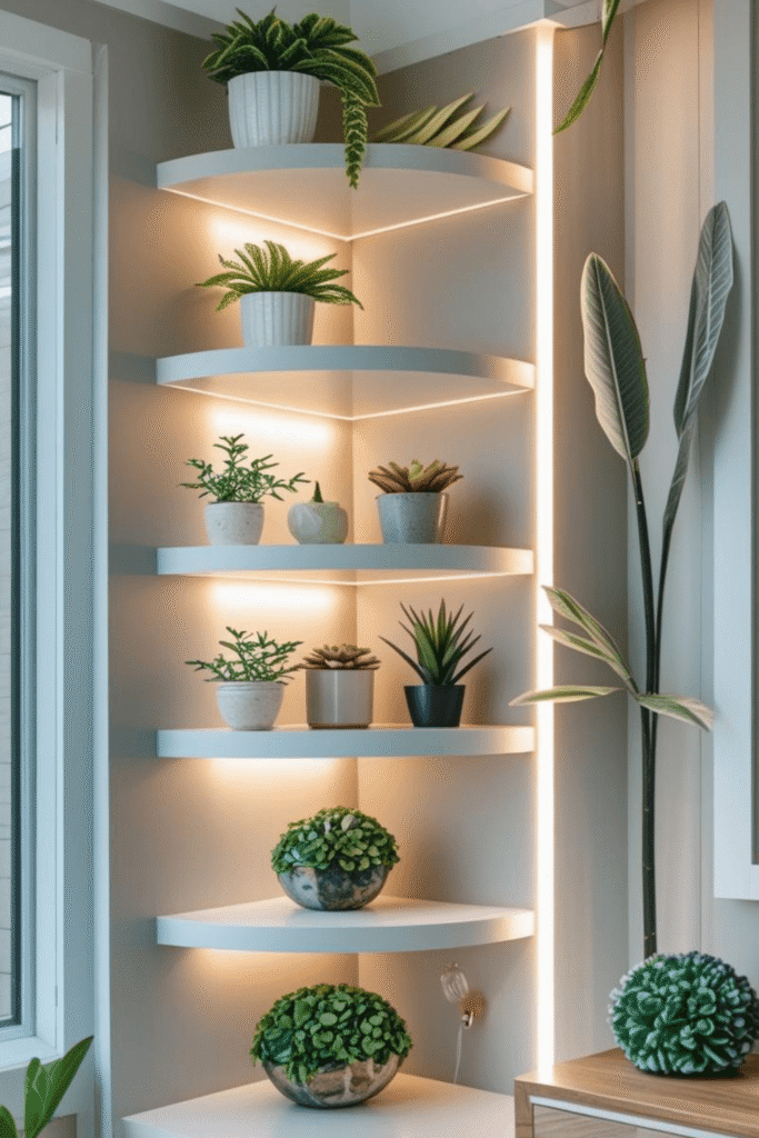 Stylish Corner Wall Decor with Plants and Floating Shelves