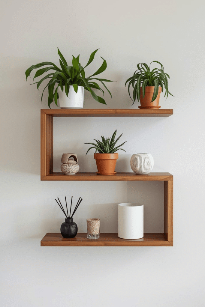 Stylish Floating Wooden Shelf Decor with Indoor Plants