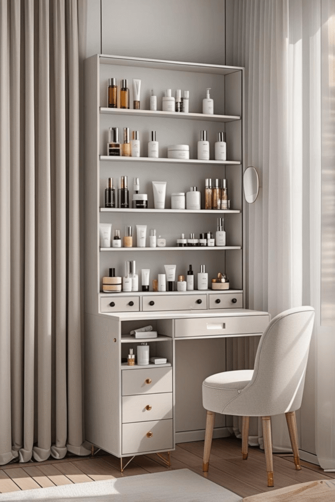 Tall Makeup Vanity Desk With Open Shelves And Storage Drawers For Small Spaces