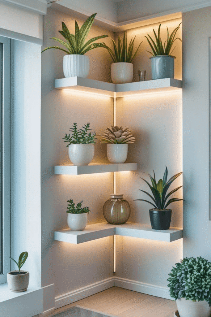 Cozy Corner Shelf Decor Ideas with Indoor Plants