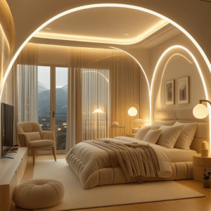 Warm Ambient Bedroom Lighting Ideas with LED Arch Headboard for a Cozy Modern Bedroom