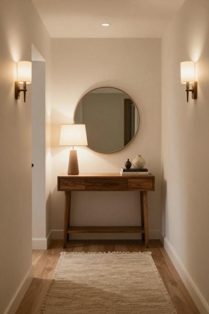 Warm Neutral Hallway Decor Ideas with Console Table Styling