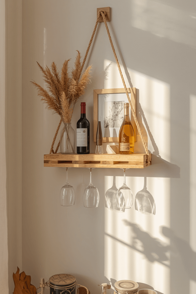 Boho Wooden Hanging Wine Rack Shelf Aesthetic Home Decor Idea Minimalist Wall Bar Storage Trend