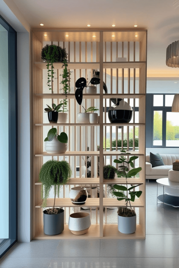 Contemporary Wooden Partition Shelf with Hanging Plants and Warm LED Lighting