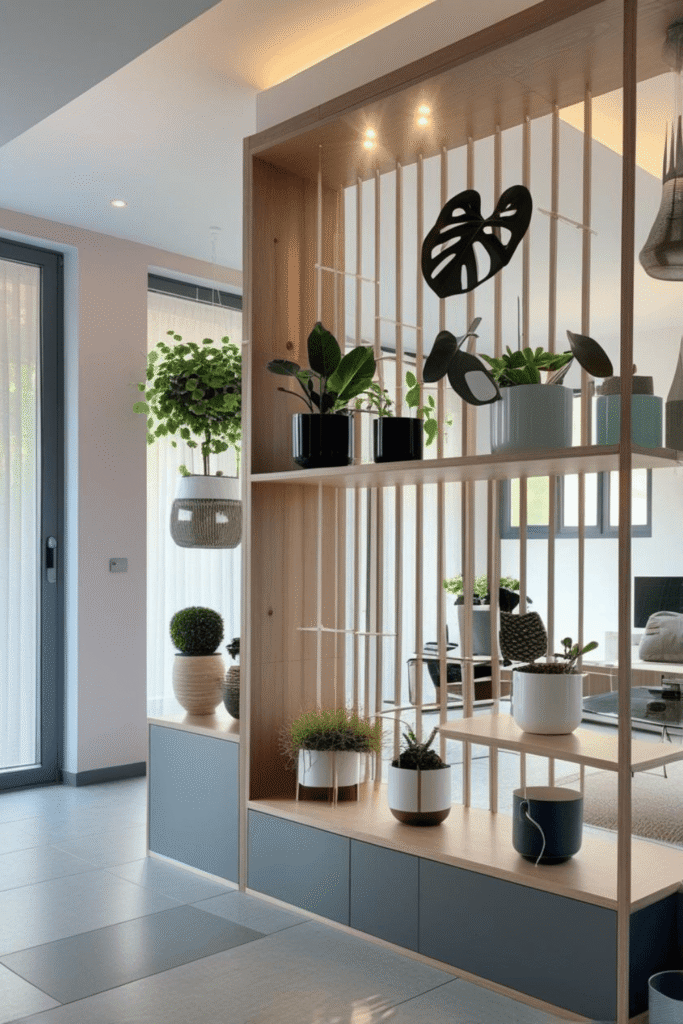 Contemporary Wooden Slat Room Divider with Hanging Planters and LED Lighting Design