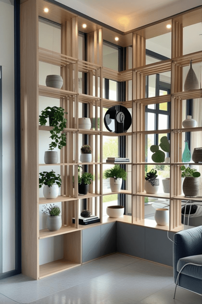 Corner Wooden Room Divider Shelf Design with Indoor Plants for Modern Interiors