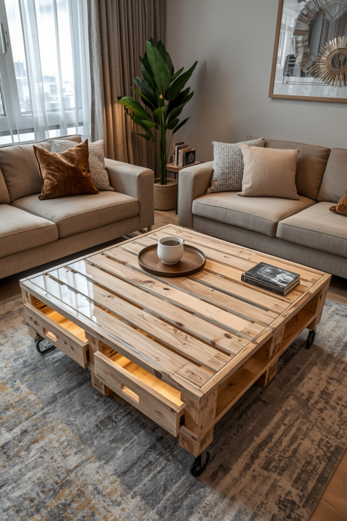 DIY Pallet Coffee Table with Storage and Wheels – Rustic Modern Living Room Idea