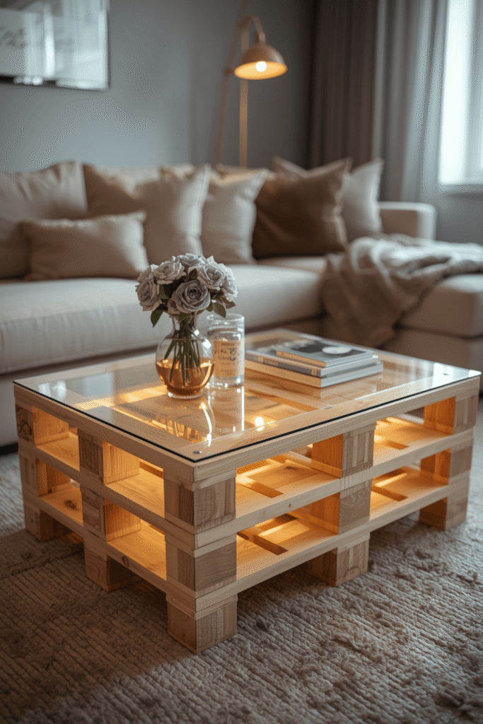 Elegant Pallet Coffee Table with Glass Top and LED Lights – Modern Cozy Living Room Idea