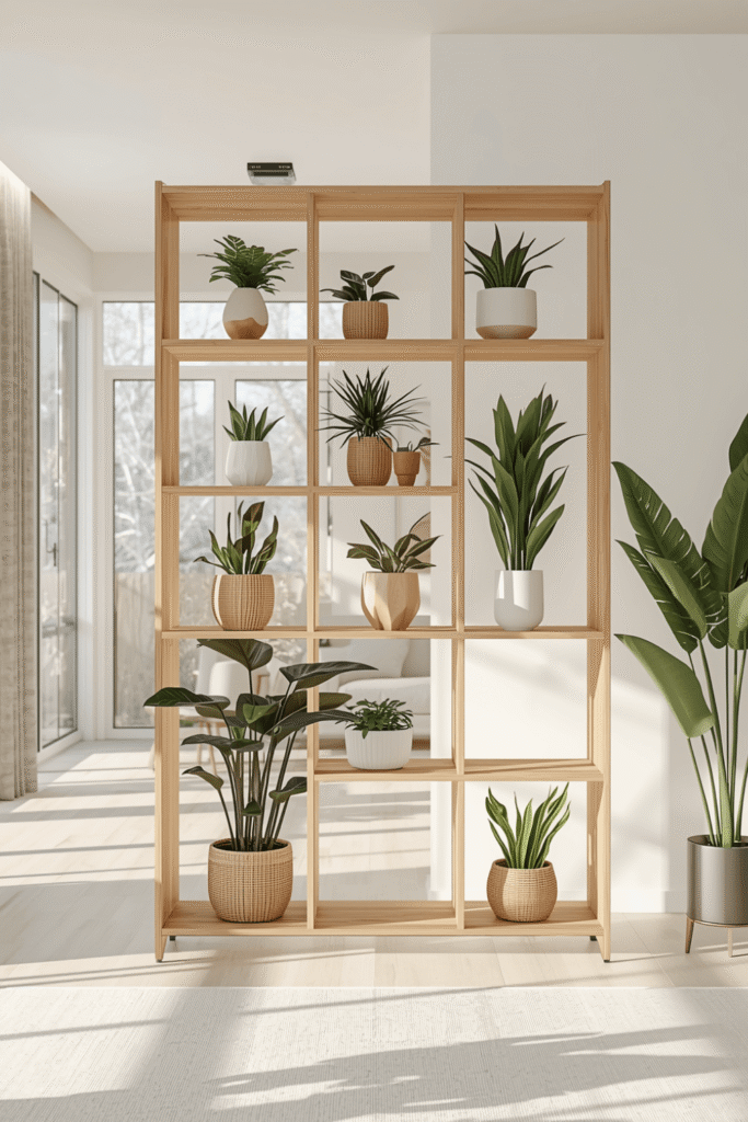 Elegant Wooden Room Divider Shelf with Indoor Plants for Cozy Living Room Spaces