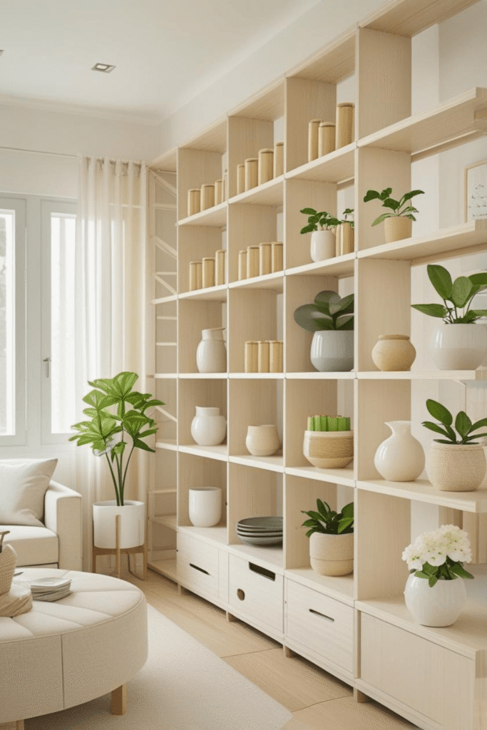 Elegant Wooden Room Divider Shelf with Storage Cabinets Modern Minimalist Partition Design