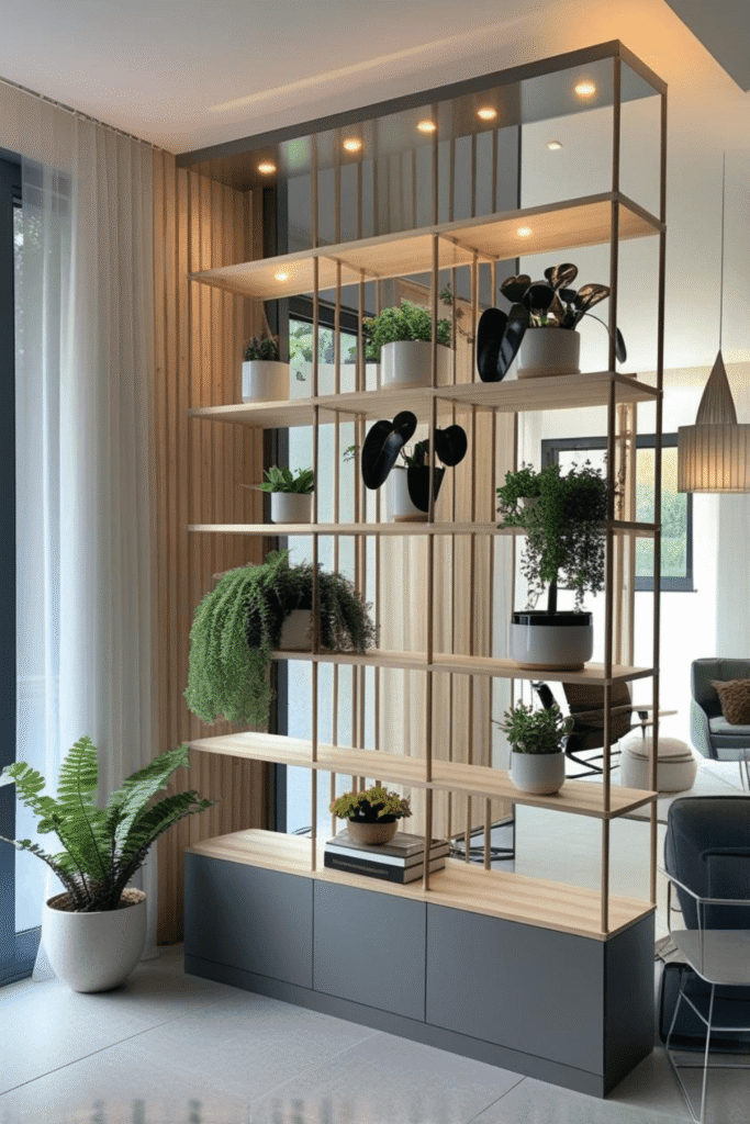 Elegant Wooden Slat Room Divider Shelf with LED Lights and Plant Decor