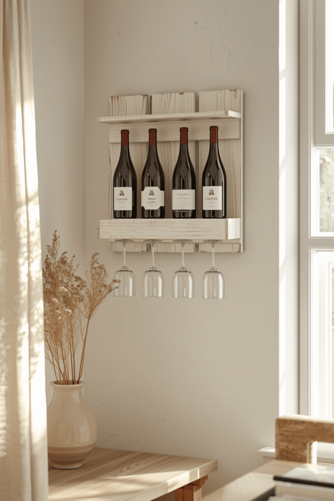 Farmhouse White Wooden Wine Rack Rustic Wall Shelf Decor Minimalist Home Bar Storage Trend