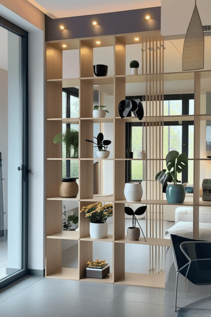 Grid Style Wooden Room Divider Shelf with LED Lights and Indoor Plant Decor