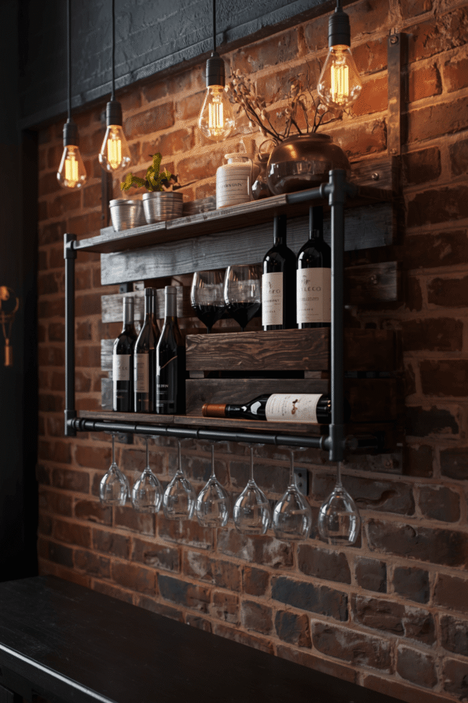 Industrial Wall Wine Rack with LED Edison Lights Rustic Home Bar Decor Modern Farmhouse Storage Idea