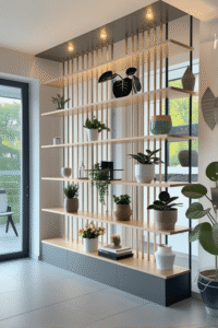 Long Wooden Slat Room Divider Shelf with LED Lighting and Indoor Plant Display