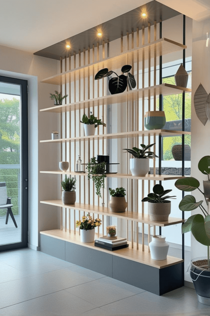 Long Wooden Slat Room Divider Shelf with LED Lighting and Indoor Plant Display