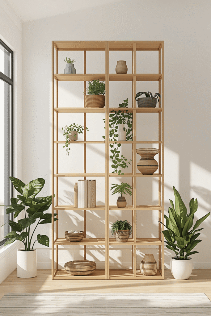 Minimal Grid Wooden Room Divider Shelf with Indoor Plants for Small Modern Homes