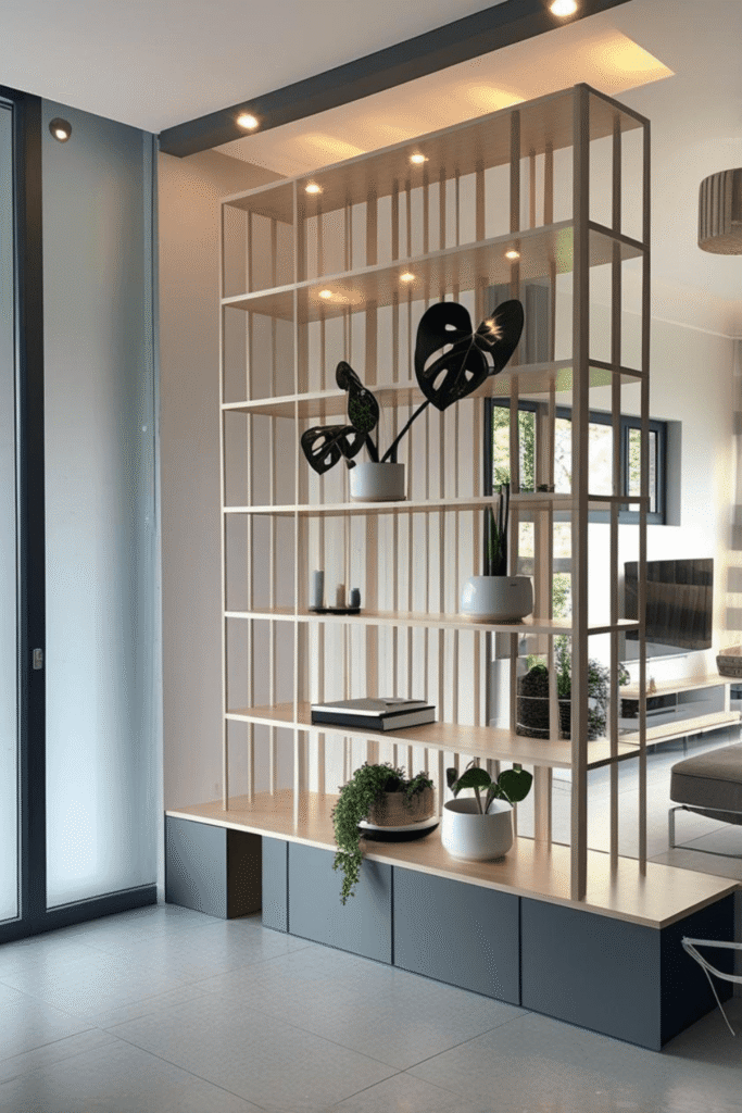 Minimal Modern Wooden Room Divider Shelf with LED Lights and Open Display Design