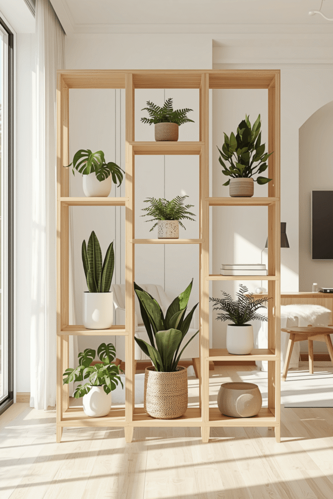 Minimal Scandinavian Wooden Room Divider Shelf with Indoor Plant Decor Ideas